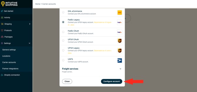 IS HS Carrier Accounts - Configure Account FedEx Legacy
