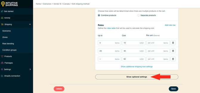 IS HS Custom Shipping Method - Multi-Vendor Show Optional Settings