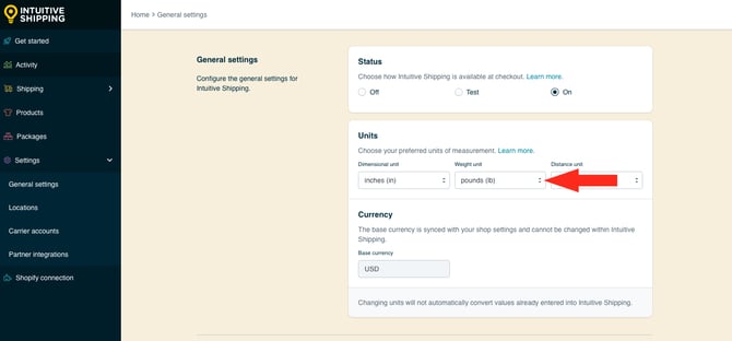 IS HS General Settings - Weight Unit