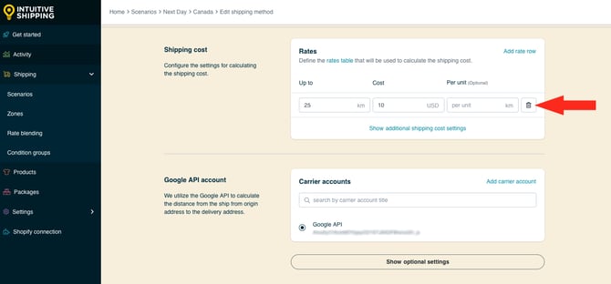 IS HS Next Day Delivery Shipping Method - Delete Rate Row