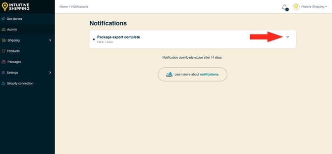 IS HS Notifications - Package Export Drop Down Arrow