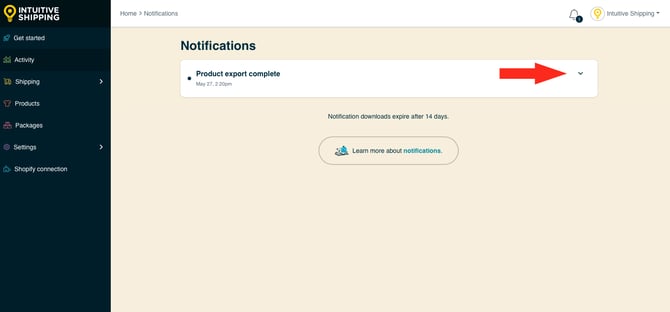 IS HS Notifications - Product Export Drop Down Arrow