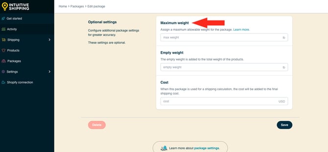 IS HS Packages - Edit Package Max Weight