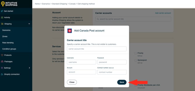 IS HS Parcel Service Shipping Methods - Add Carrier Account Save Button