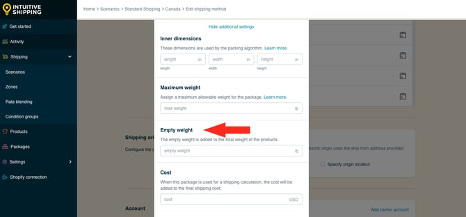 IS HS Parcel Service Shipping Methods - Add Package Empty Weight