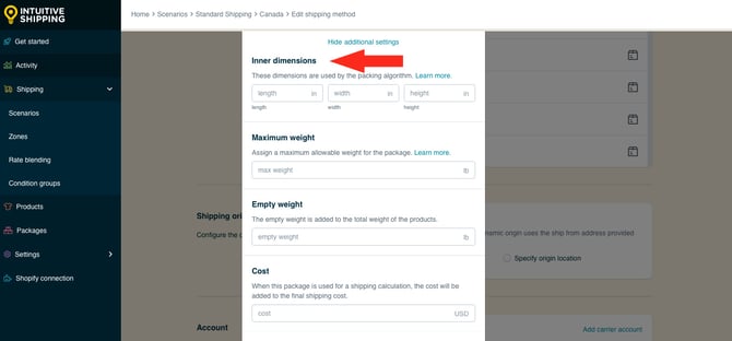 IS HS Parcel Service Shipping Methods - Add Package Inner Dims