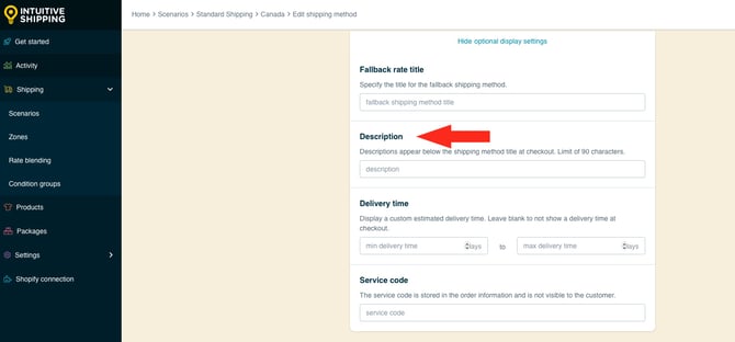 IS HS Parcel Service Shipping Methods - Optional Settings - Fallback Rate Description