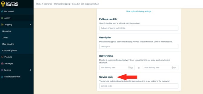 IS HS Parcel Service Shipping Methods - Optional Settings - Fallback Rate Service Code