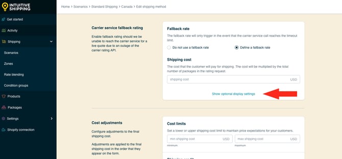 IS HS Parcel Service Shipping Methods - Optional Settings - Fallback Rate Show Optional Display Settings