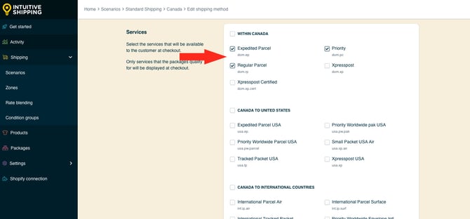 IS HS Parcel Service Shipping Methods - Services Partial Within Canada