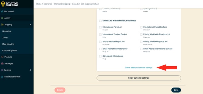 IS HS Parcel Service Shipping Methods - Services Show Additional Service Settings
