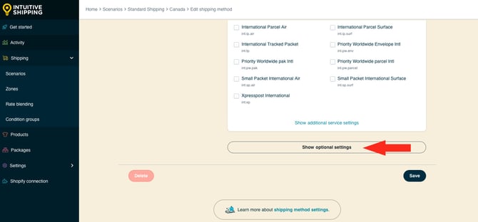 IS HS Parcel Service Shipping Methods - Show Optional Settings