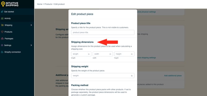 IS HS Products - Enter Product Piece Shipping Dimensions