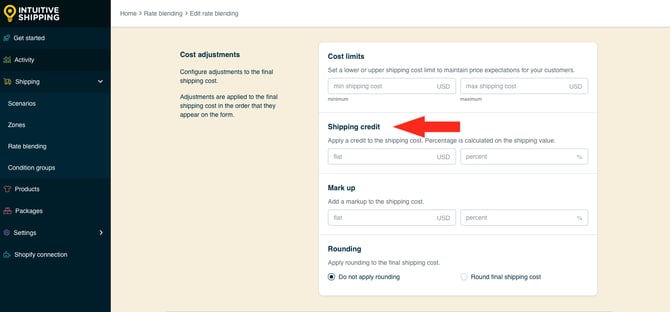 IS HS Rate Blending - Optional Settings - Shipping Credit