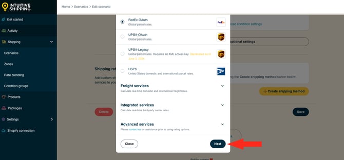 IS HS Scenarios -  Create Shipping Method Select FedEx Next