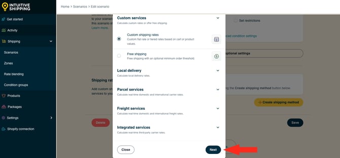 IS HS Scenarios - Create Scenario - Select Custom Shipping Rates Next Button
