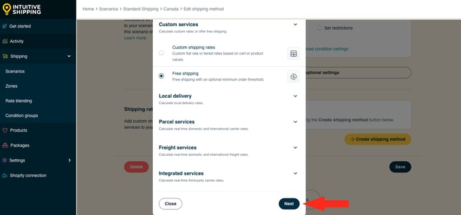 IS HS Scenarios - Create Scenario - Select Free Shipping Next Button