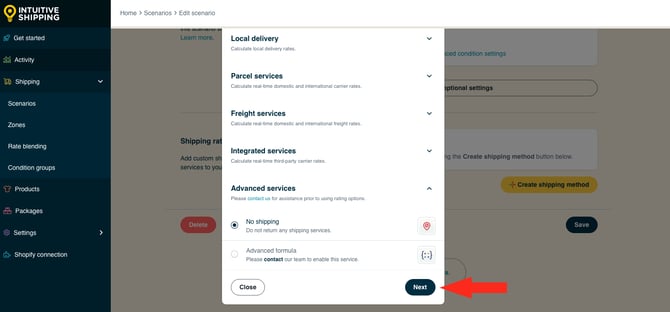 IS HS Scenarios - Create Scenario - Select No Shipping Next Button