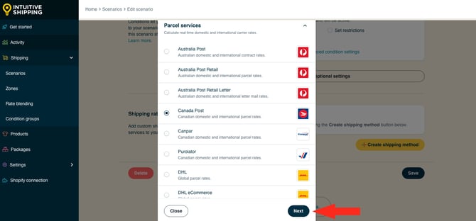 IS HS Scenarios - Create Shipping Method - Select Canada Post Next Button