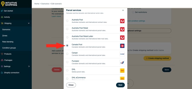 IS HS Scenarios - Create Shipping Method - Select Canada Post