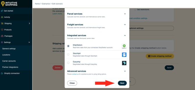 IS HS Scenarios - Create Shipping Method - Select ShipStation Next