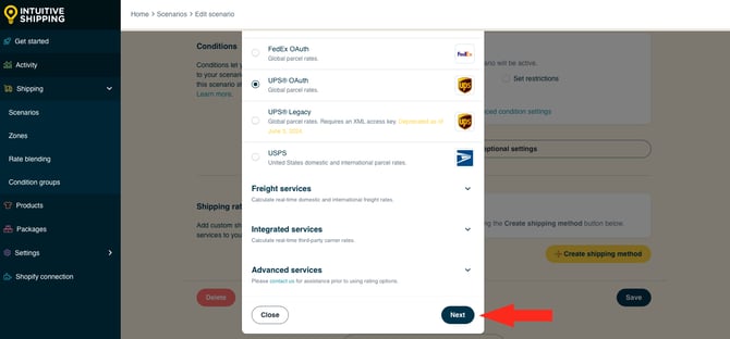 IS HS Scenarios - Create Shipping Method - Select UPS OAuth Next Button