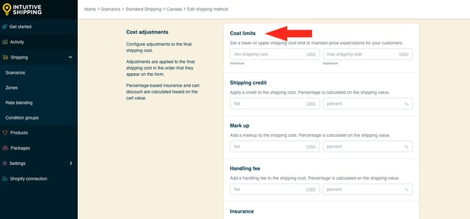 IS HS Shipping Methods - Optional Settings Cost Limits