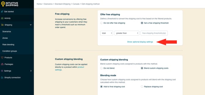 IS HS Shipping Methods - Optional Settings Free Shipping Show Optional Display Settings