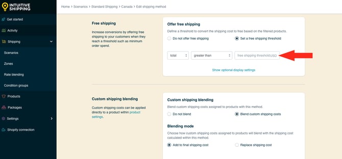 IS HS Shipping Methods - Optional Settings Free Shipping Value