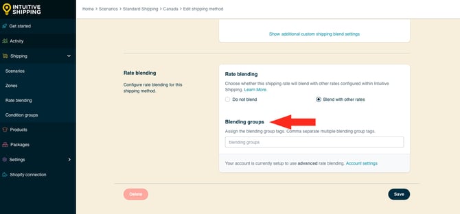 IS HS Shipping Methods - Optional Settings Rate Blending - Blending Groups