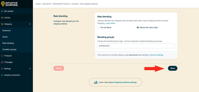 IS HS Shipping Methods - Restricted Shipping - No Shipping Method - Rate Blending Blending Group Tag Expedited Save Button