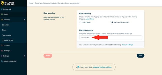 IS HS Shipping Methods - Restricted Shipping - No Shipping Method - Rate Blending Blending Group Tag Expedited