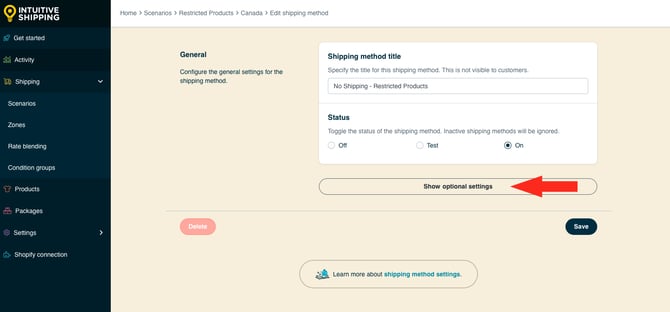 IS HS Shipping Methods - Restricted Shipping - No Shipping Method Show Optional Settings