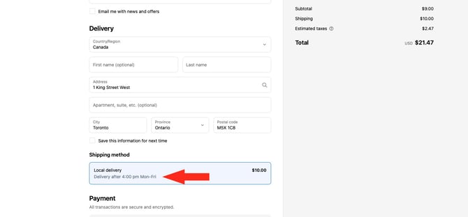 IS HS Shopify Checkout - Shipping Method Description Example