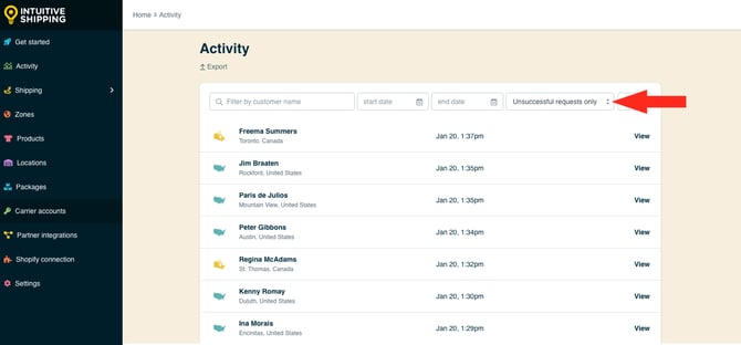 IS - Activity - Unsuccessful Requests