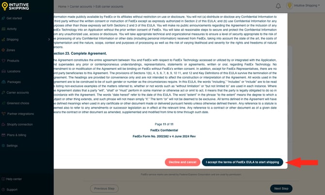 IS - Carrier Accounts - Accept FedEx EULA