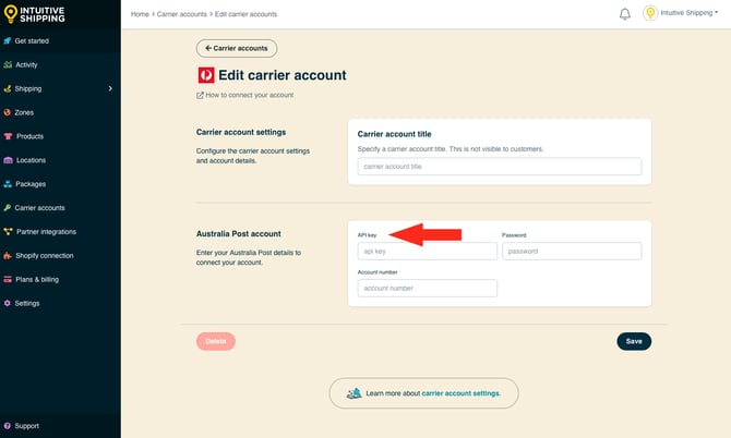 IS - Carrier Accounts - Aus Post API Key
