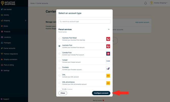 IS - Carrier Accounts - Aus Post Configure Account