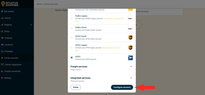 IS - Carrier Accounts - Configure Account USPS