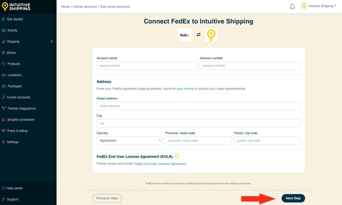 IS - Carrier Accounts - Connect FedEx Next Step Button