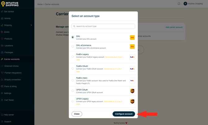 IS - Carrier Accounts - DHL Configure Account