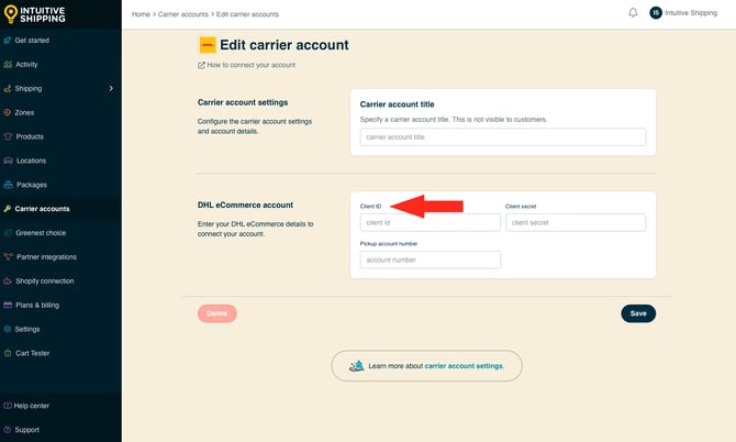 IS - Carrier Accounts - DHL eCommerce Client ID