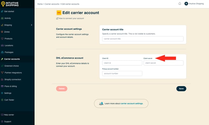 IS - Carrier Accounts - DHL eCommerce Client Secret