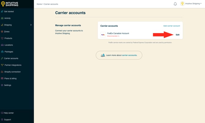 IS - Carrier Accounts - Edit FedEx Disconnected