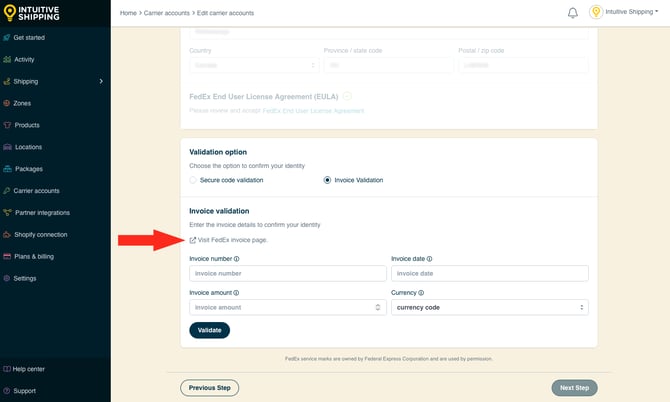 IS - Carrier Accounts - FedEx Visit Invoice Page