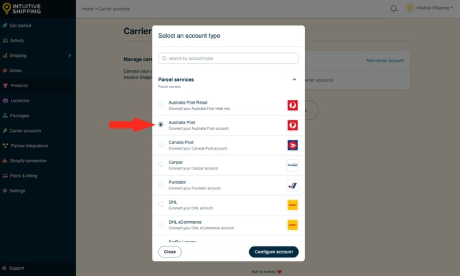 IS - Carrier Accounts - Select Aus Post