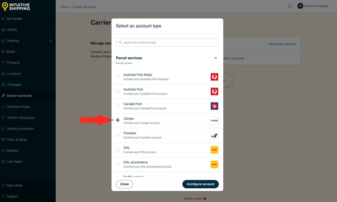 IS - Carrier Accounts - Select Canpar