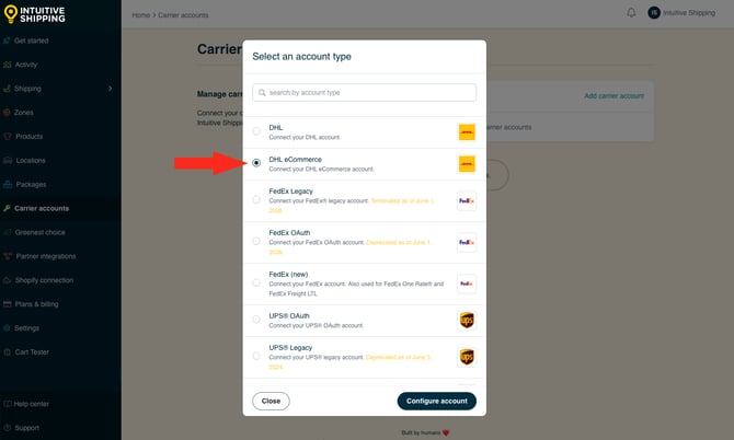 IS - Carrier Accounts - Select DHL eCommerce