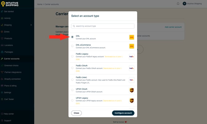 IS - Carrier Accounts - Select DHL