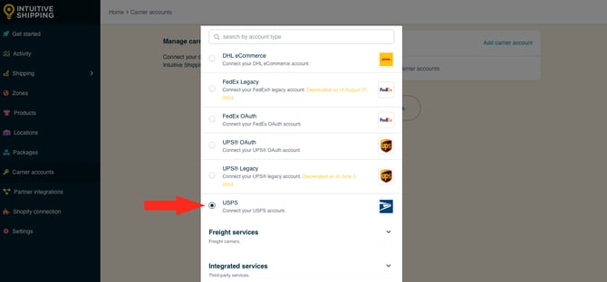 IS - Carrier Accounts - Select USPS